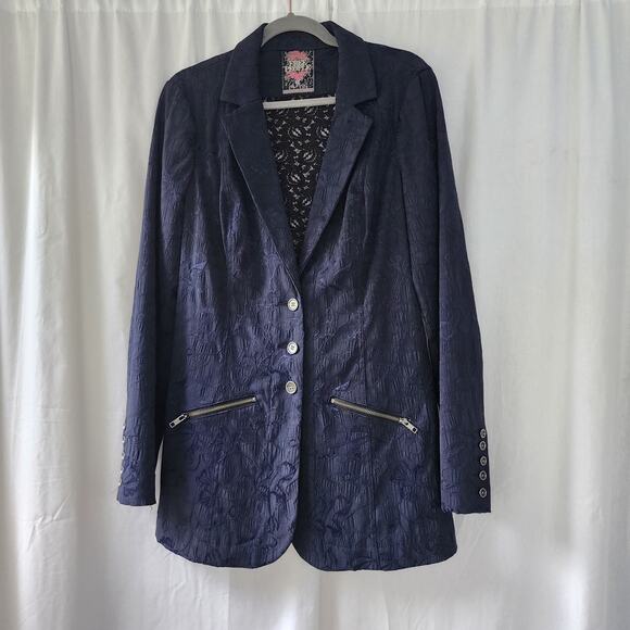 Free people Goth Navy black brocade corset lace up Blazer Jacket Vamp  victorian - Picture 12 of 12